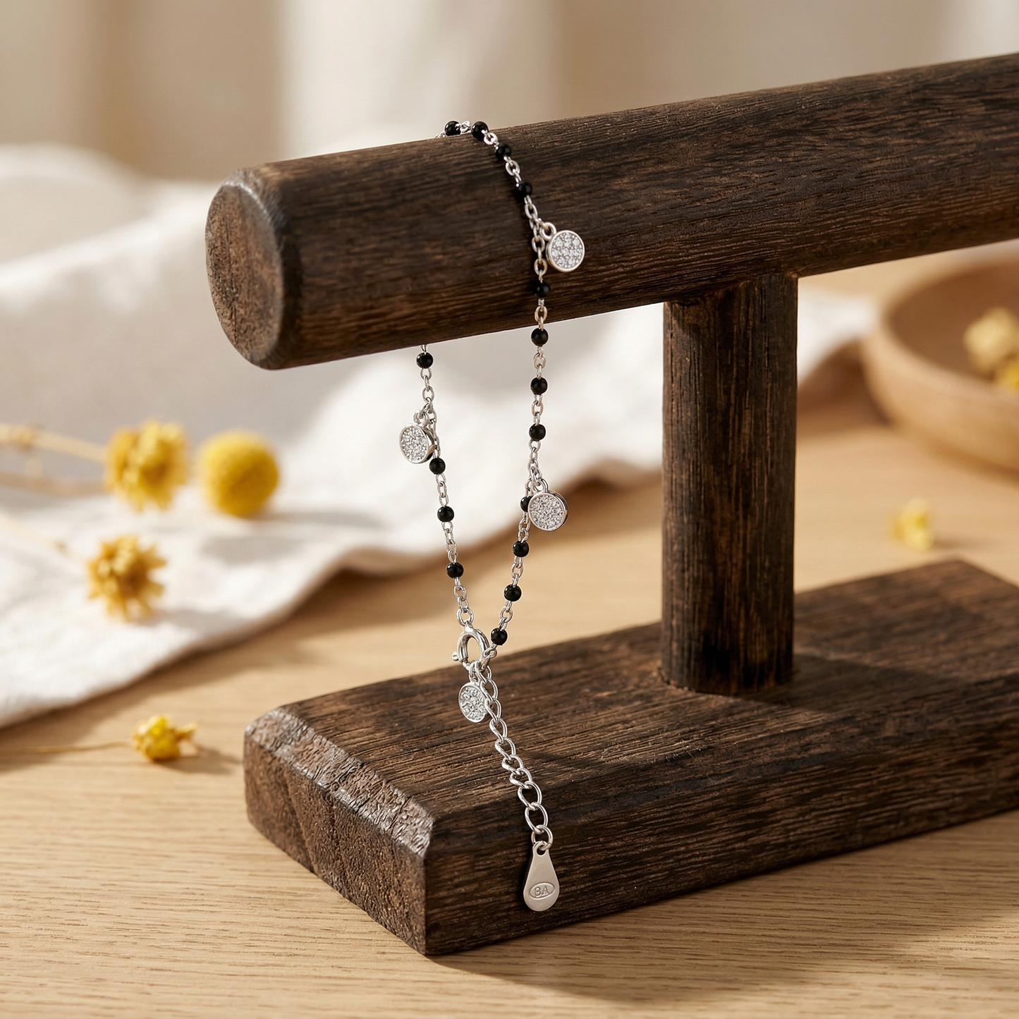 Silver Black-Beaded Charm Bracelet