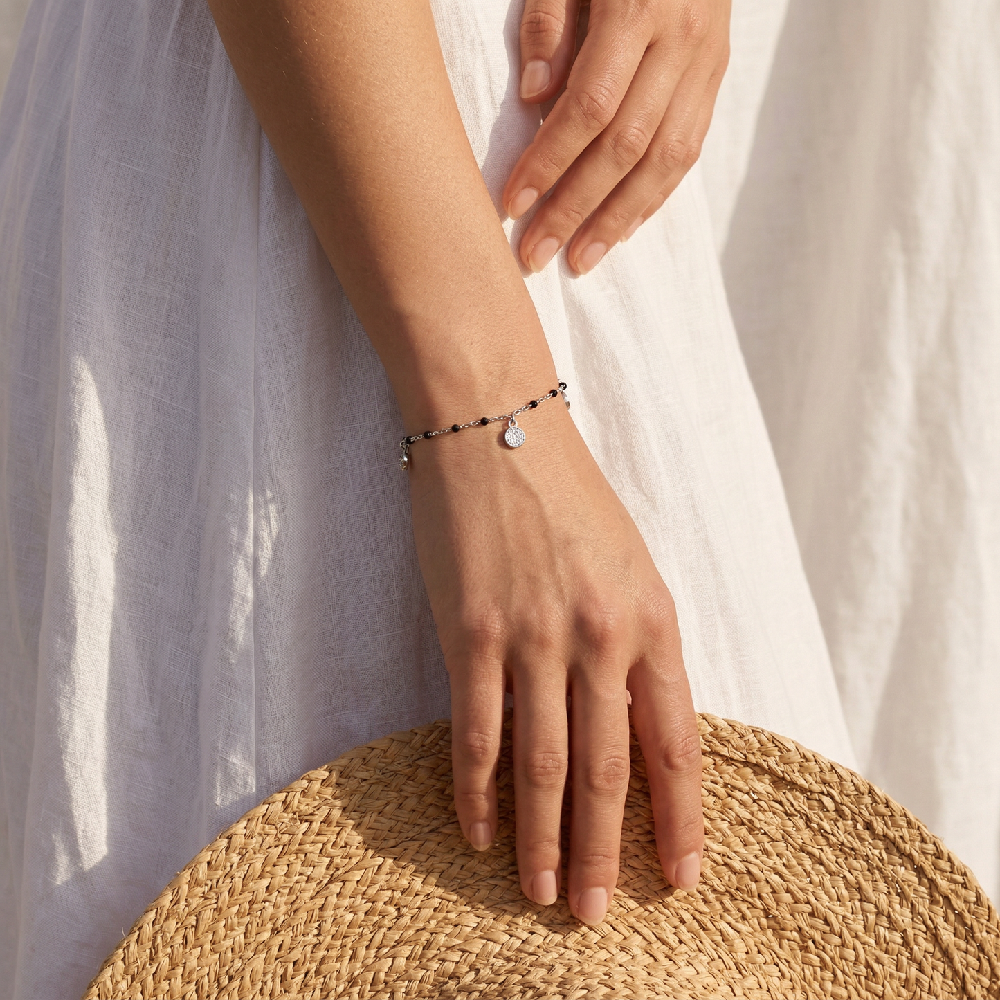 Silver Black-Beaded Charm Bracelet