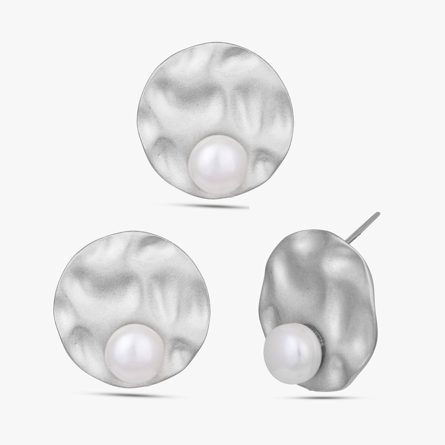 Hammered Silver Pearl Studs Set