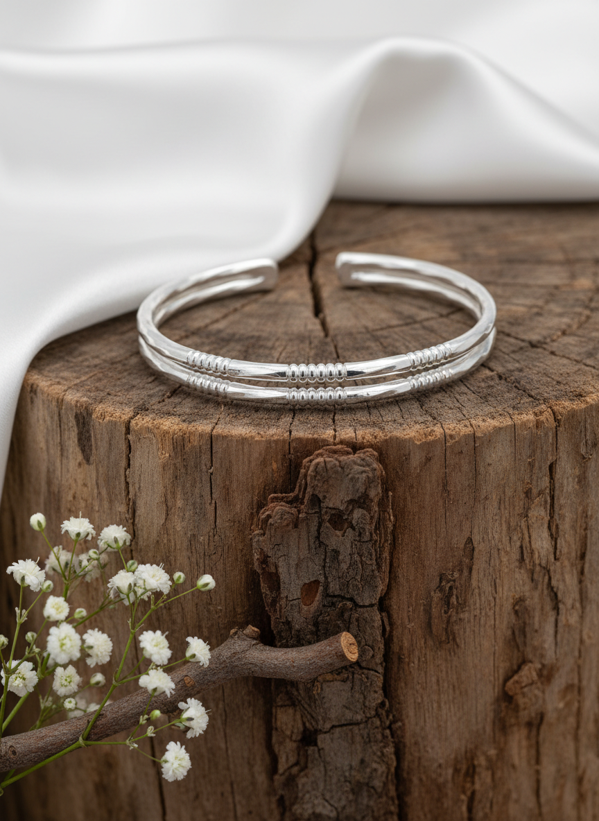 Dual-Layer Ribbed Silver Kada
