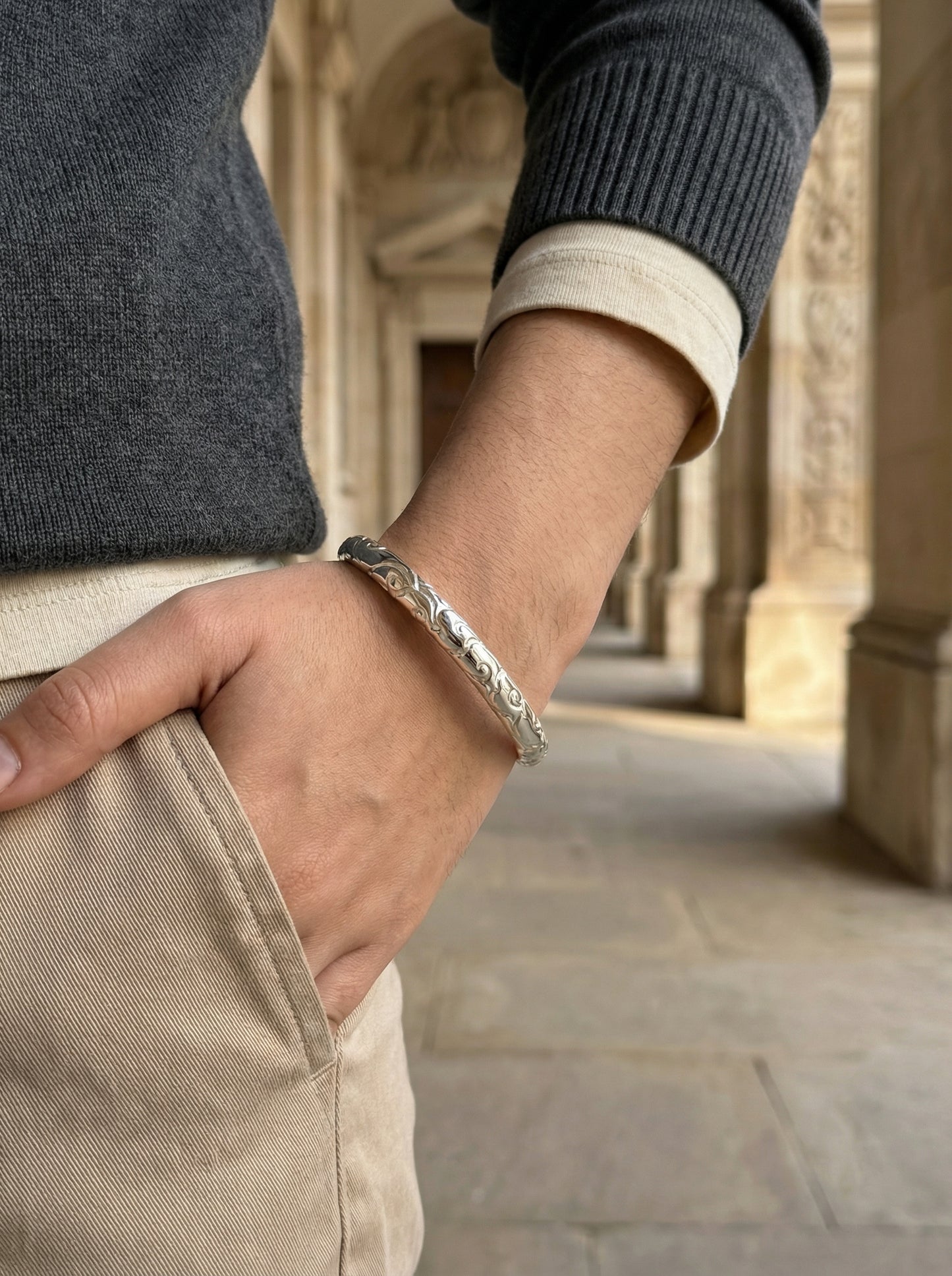Ornate Floral Silver Kada