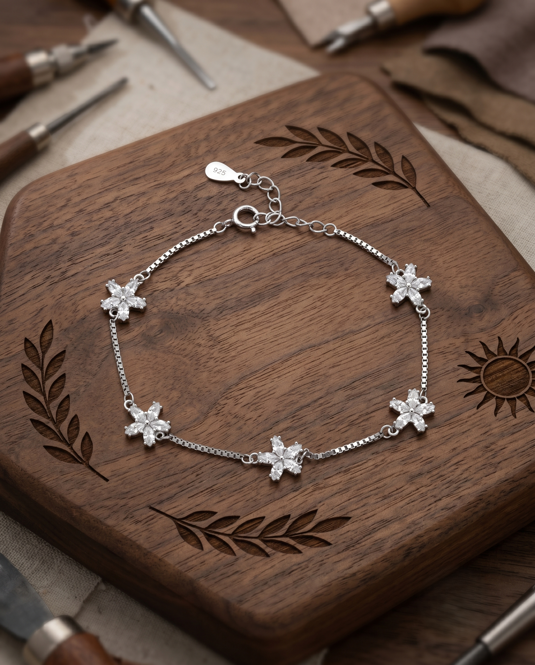 Floral Silver Box-Chain Bracelet
