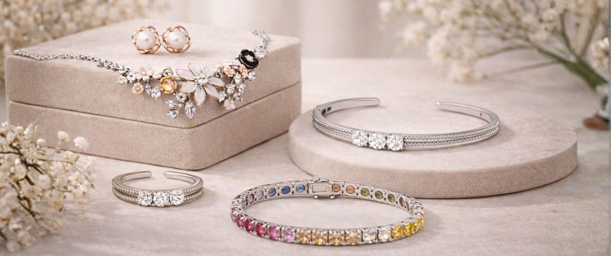Just Silver earrings, rings and bracelets arranged on stone and linen