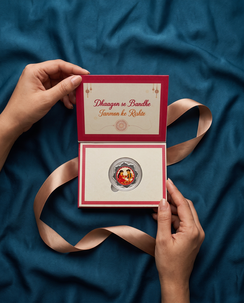 Load image 1 in gallery view. 2G PURE SILVER COIN RAKHI HAMPER