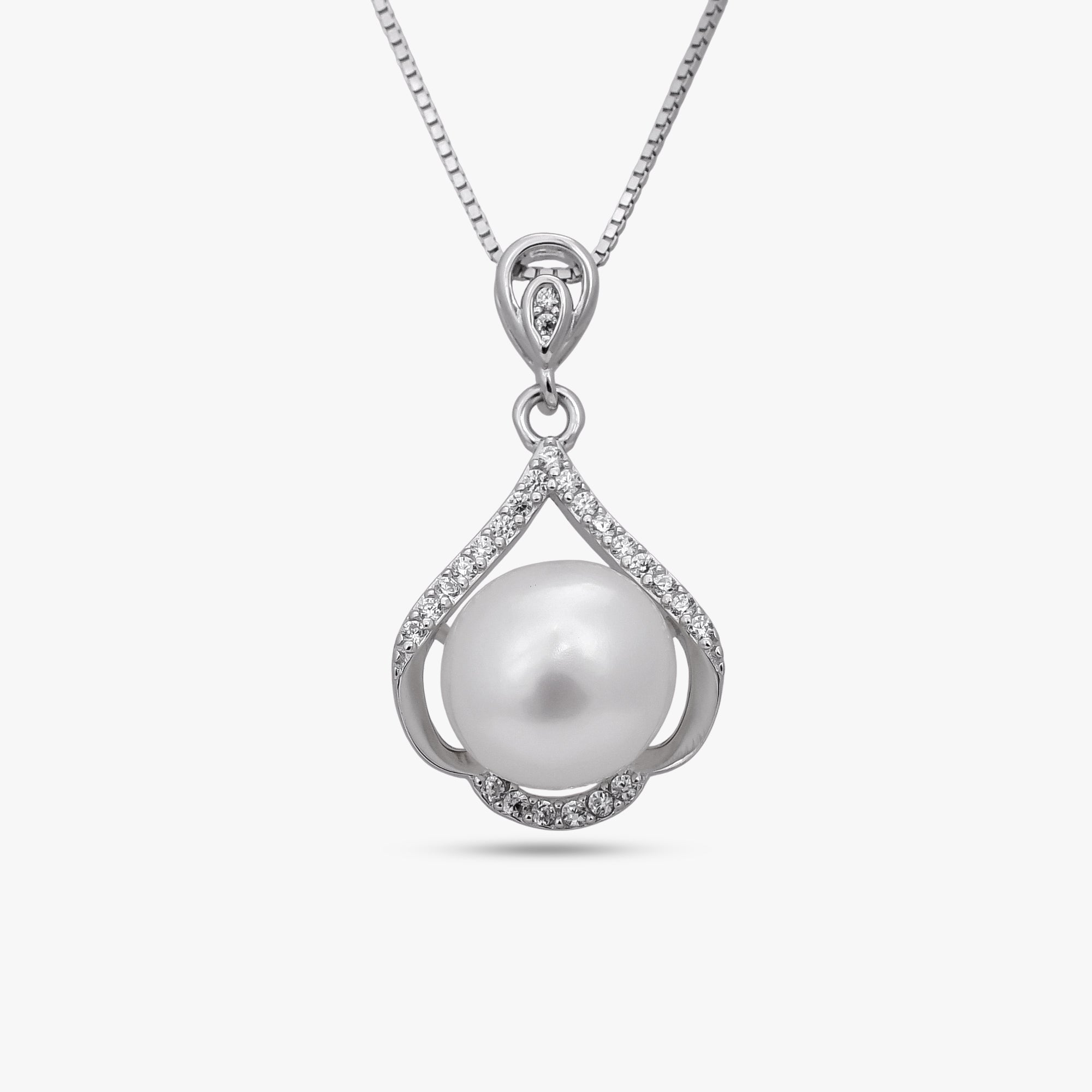 Silver Ribbon Pearl Drop Necklace