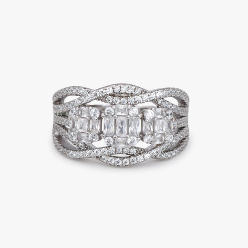 Load image 1 in gallery view. Three Stone Baguette Halo Ring