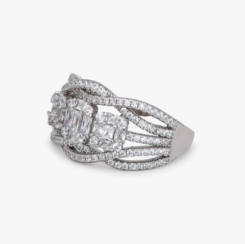 Load image 1 in gallery view. Three Stone Baguette Halo Ring