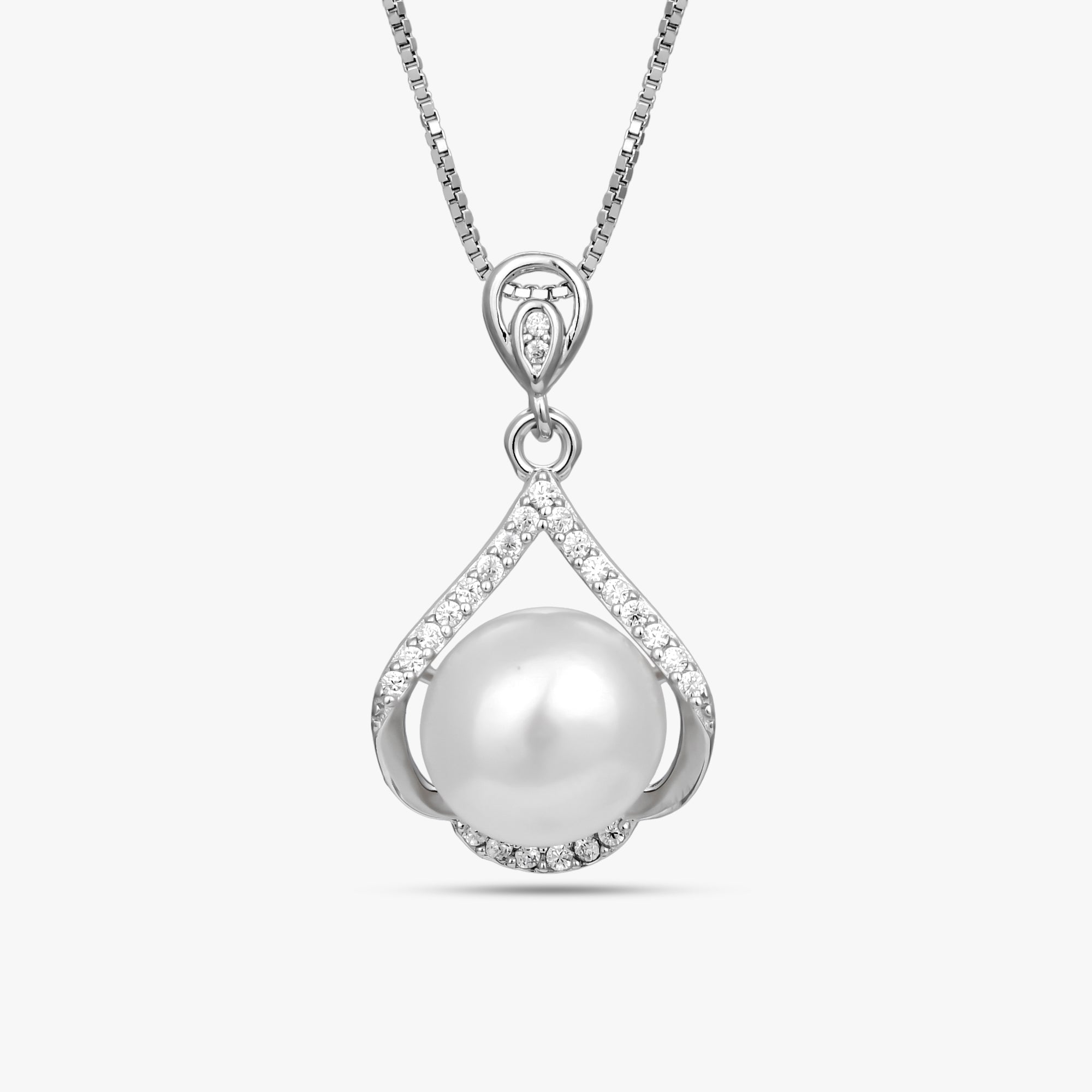 Silver Ribbon Pearl Drop Necklace