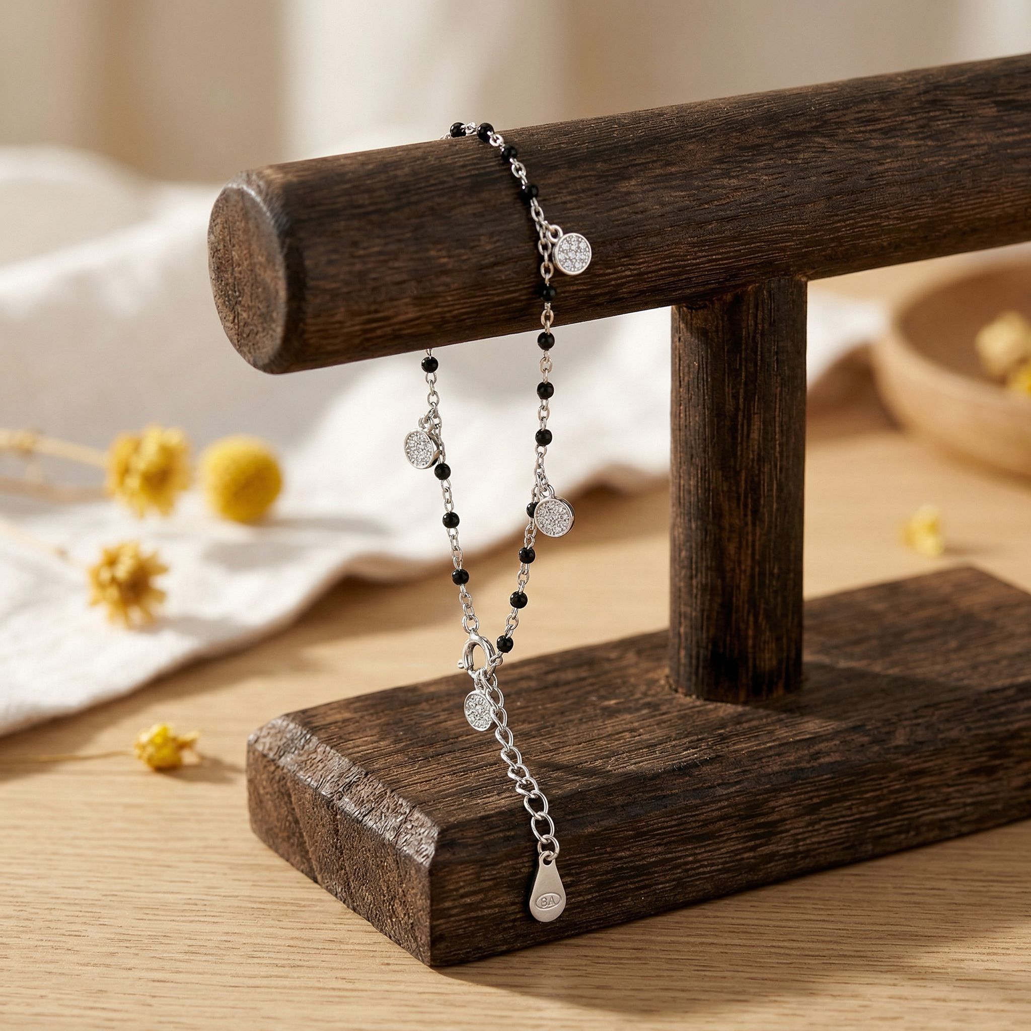 Silver Black-Beaded Charm Bracelet