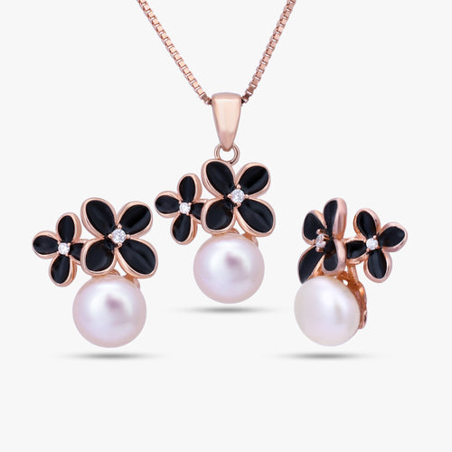 Load image 1 in gallery view. Black Floral Pearl Jewelry Set