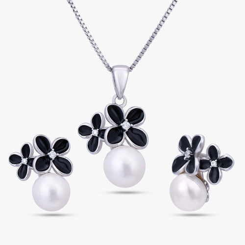 Load image 1 in gallery view. Black Floral Pearl Jewelry Set