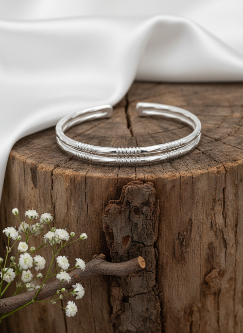 Load image 1 in gallery view. Dual-Layer Ribbed Silver Kada