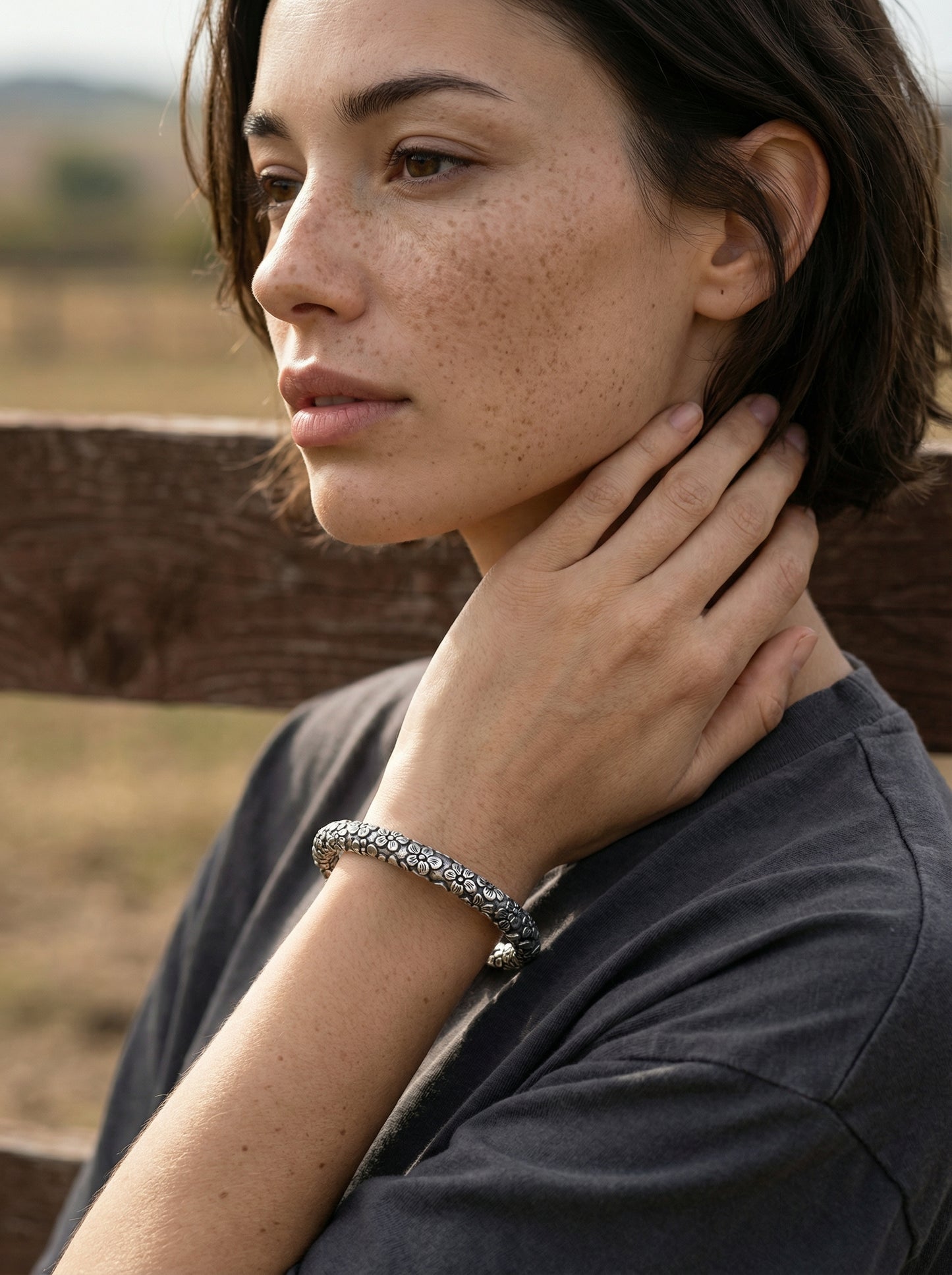 Floral Oxidized Silver Kada