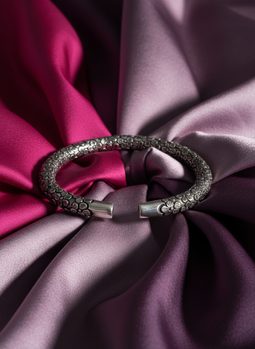 Floral Oxidized Silver Kada