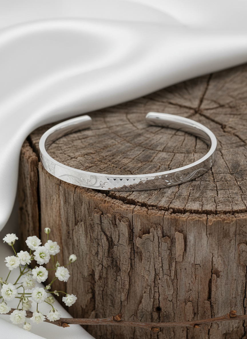 Etched Butterfly Silver Kada