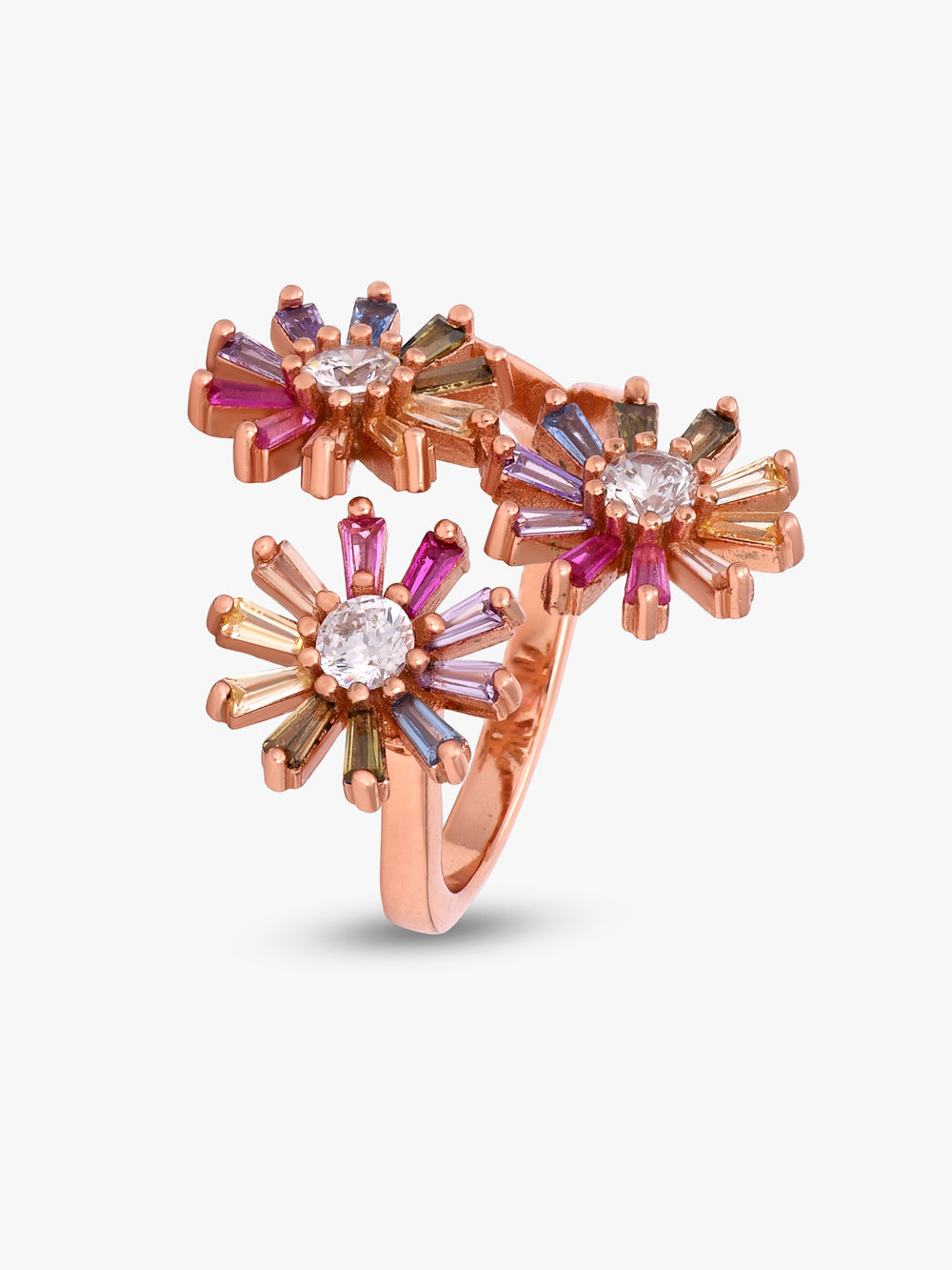 Triple Floral Multicolor Ring in rose gold, front view