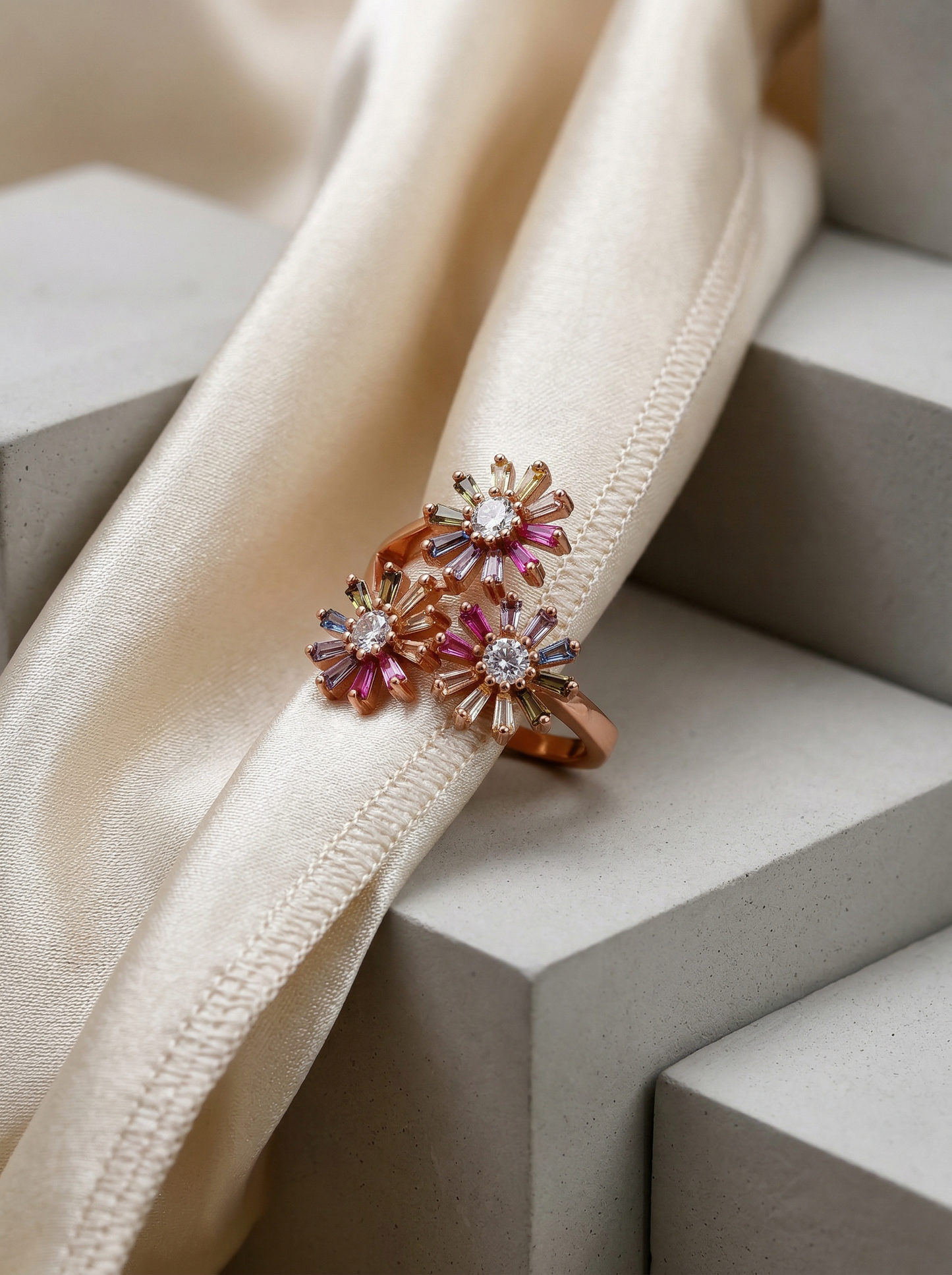 Triple Floral Multicolor Ring