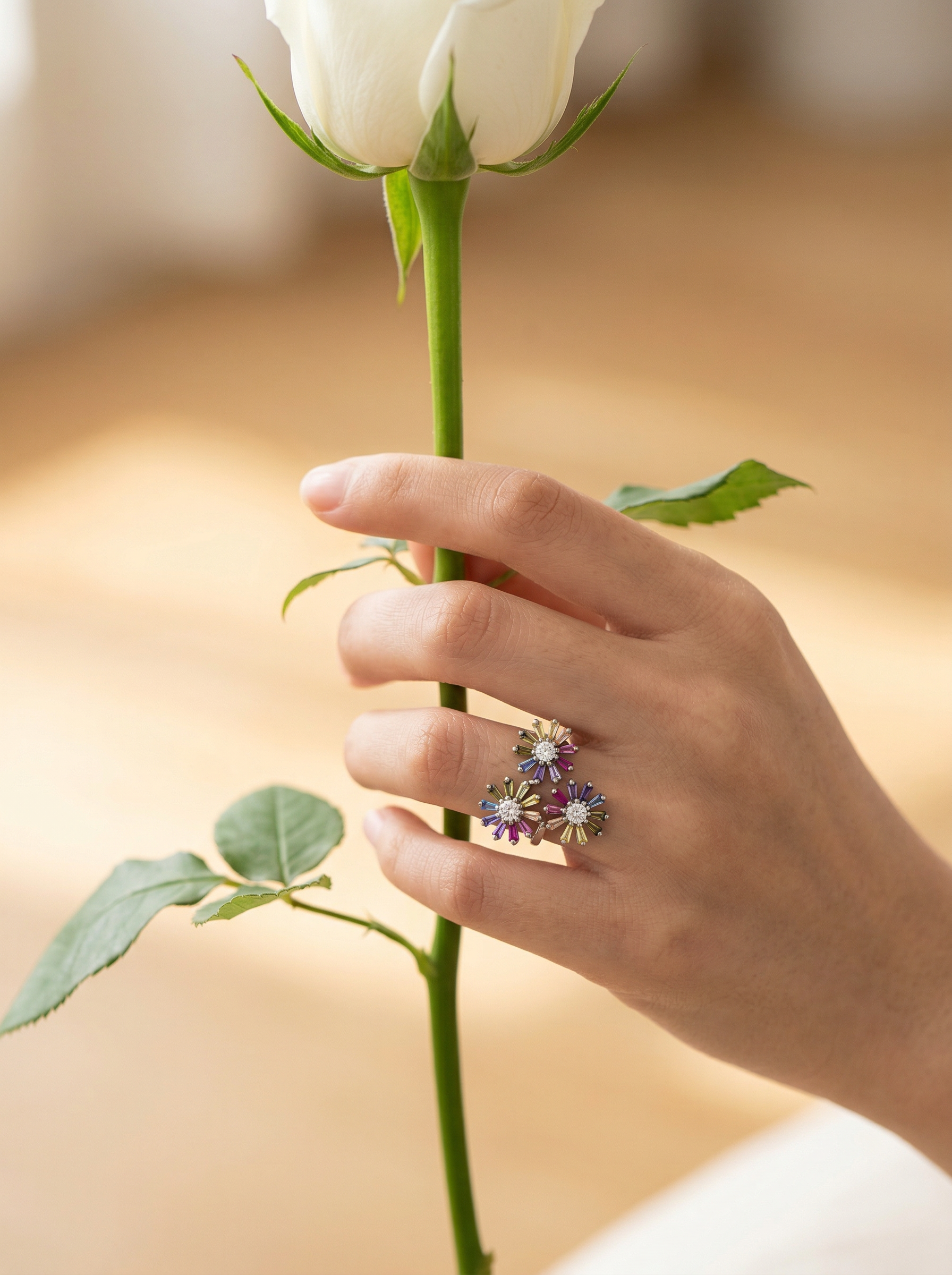 Triple Floral Multicolor Ring