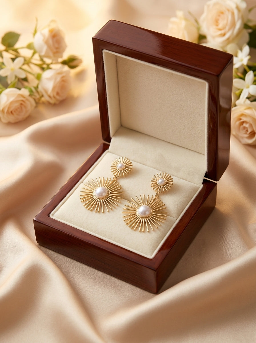 Golden Sunburst Pearl Earrings