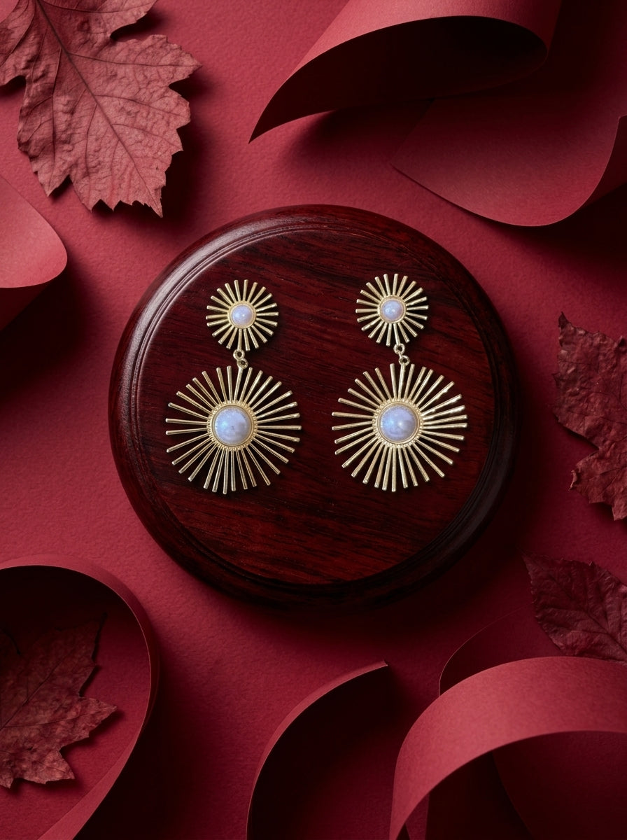 Golden Sunburst Pearl Earrings