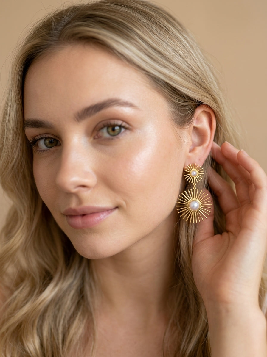 Golden Sunburst Pearl Earrings