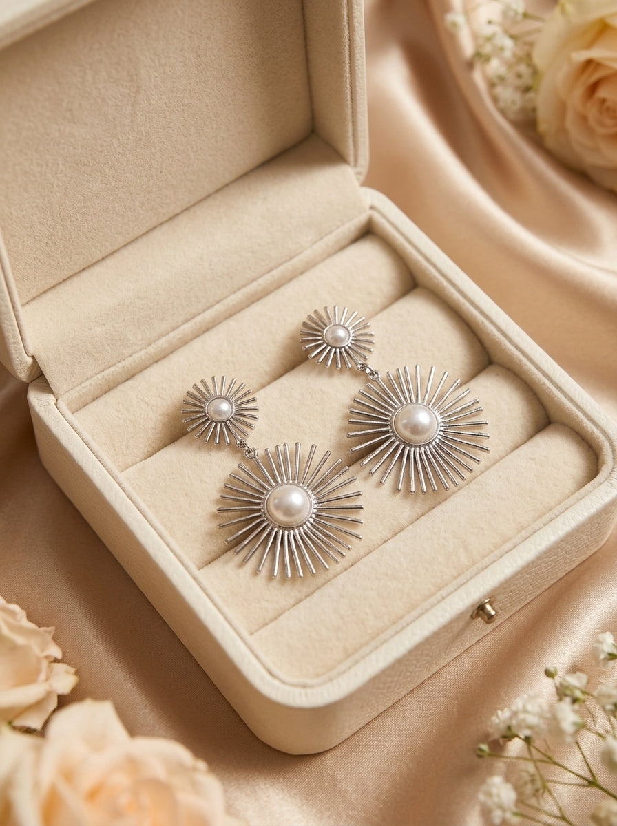 Silver Sunburst Pearl Earrings
