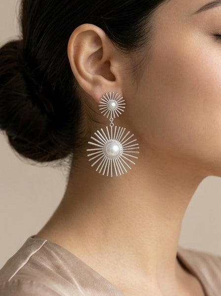 Silver Sunburst Pearl Earrings