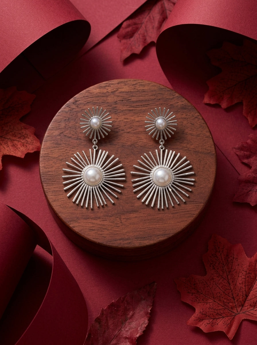 Silver Sunburst Pearl Earrings