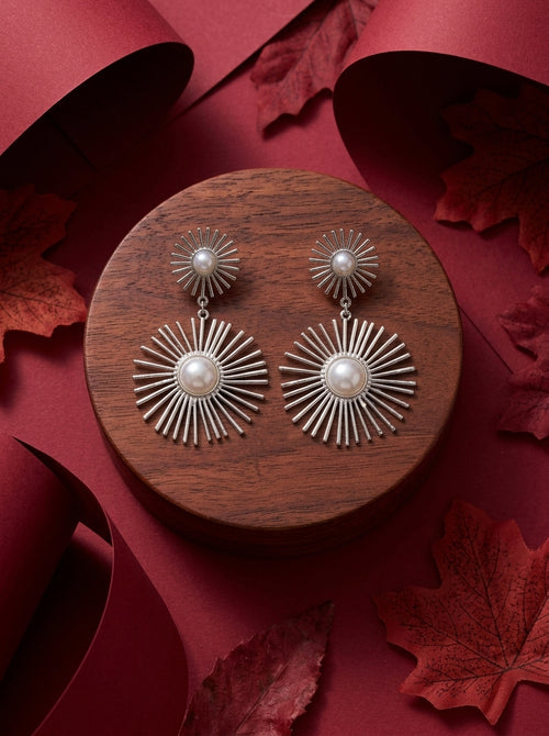 Load image 1 in gallery view. Silver Sunburst Pearl Earrings
