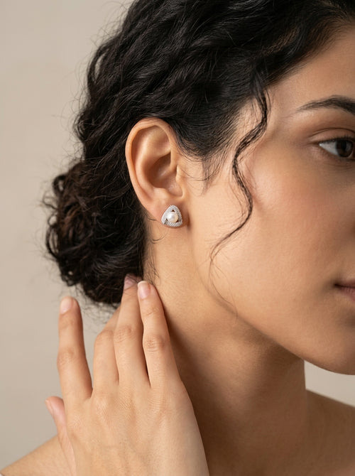 Load image 1 in gallery view. Trigon Pavé Pearl Studs